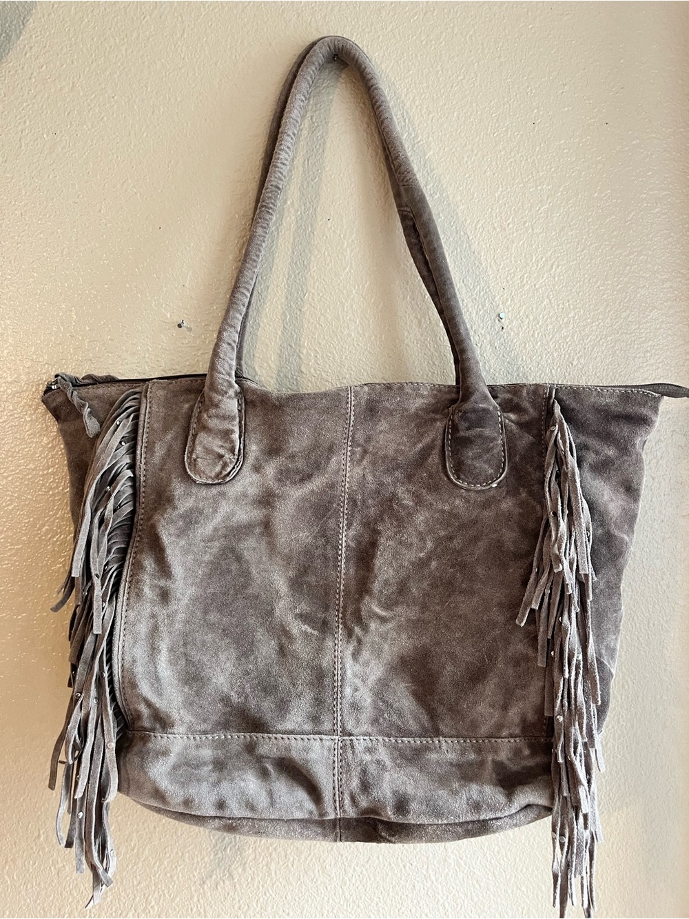 Fringed Suede Tote Bag in Taupe - Women’s Casual Shoulder Tote